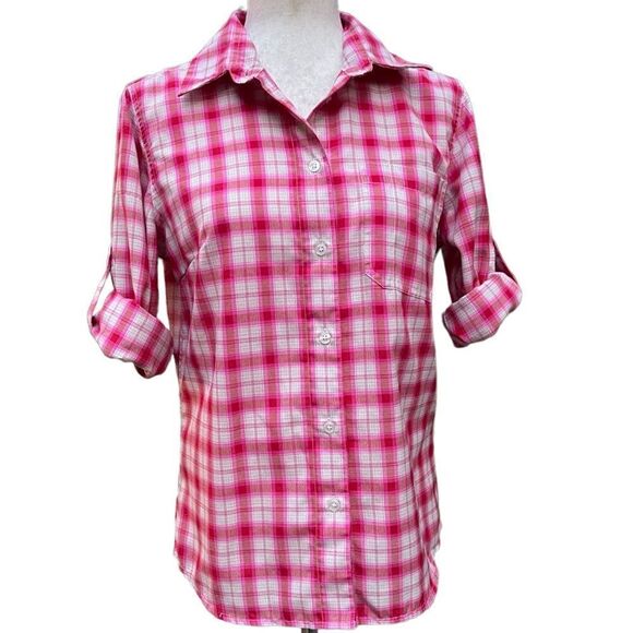 Odlo Pink Plaid Button Down Rugged Top Blouse Shirt Designed for Layering Size S - Picture 9 of 13